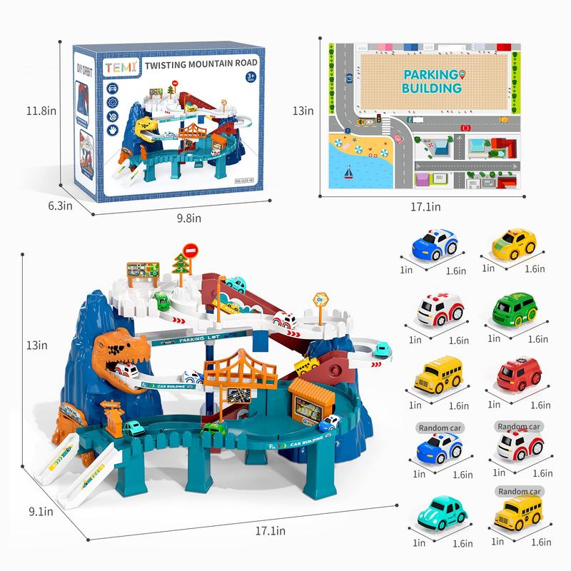 Christmas Gift Dinosaur Race Track Playset, Car Garage Parking Adventure Toy with 10 Mini Cars, Educational Toy Ramp Playset  Preschool