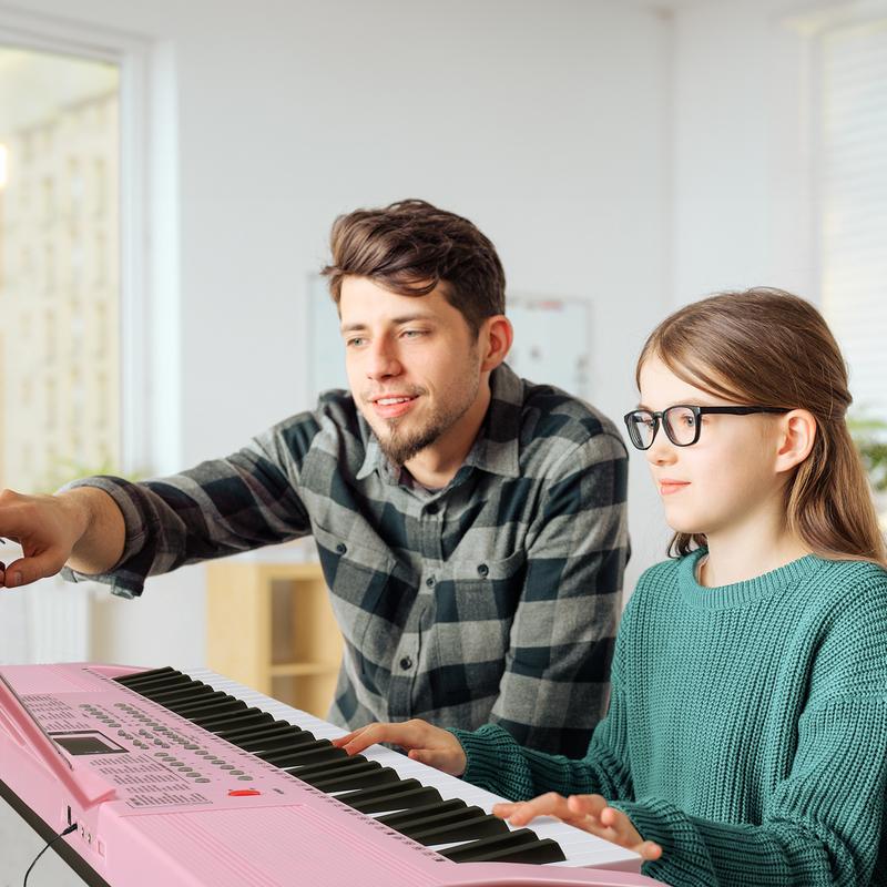 61 Key Lighting Keyboard with Piano Stand, Piano Bench, Built In Speakers, Headphone, Microphone, LED Screen, 3 Teaching Modes for Beginners