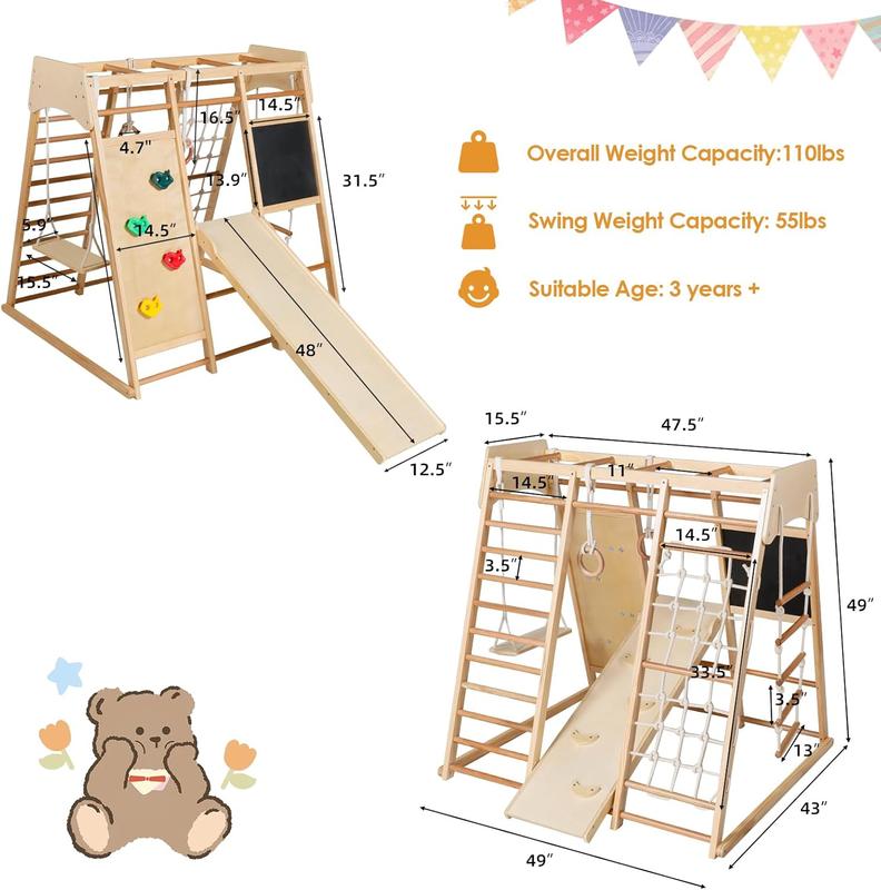 10-in-1 Kids Wooden Climbing Toys, Toddler Jungle Gym w Drawing Board, Slide, Climbing Rock & Net, Ladder, Monkey Bars, Swing, Gymnastic Rings, Indoor Playground Climber Set, Rainbow