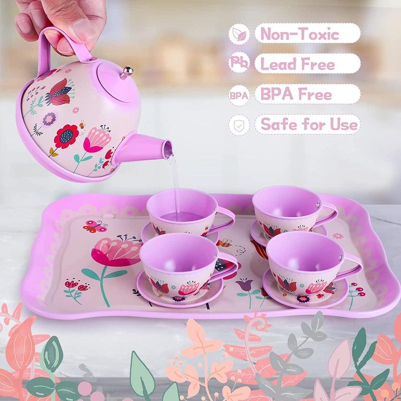 Kids Tea Set for Little Girls, Princess Tea Party Set for Kids Flower Design Toy Tea Set, Pretend Play Toys Gift