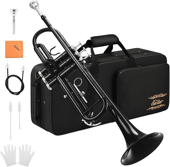 Eastar ETR-380 Bb Trumpet Standard Trumpet Set for Student Beginner with Hard Case, Cleaning Kit, 7C Mouthpiece and Gloves, Brass Bb Trumpet Instrument, Gold Black