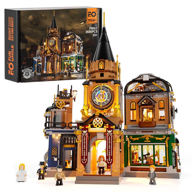 FUNWHOLE Steampunk Trading-Center Lighting Building-Bricks Set - LED Light Construction Building Model Toys Gift Set 2680 Pcs for Boys and Girls age 18+