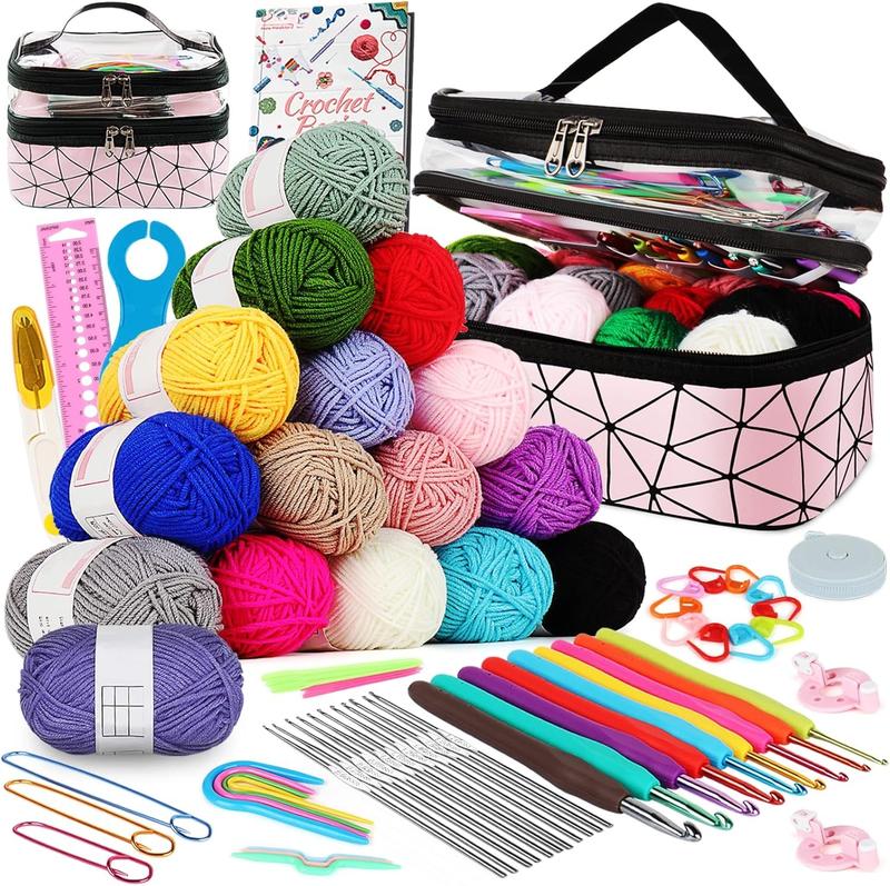 Crochet Kit for Beginner Adult Kids, 16 Colors Yarn Crochet Animal Kit with Instructions, Portable Crochet Starter Kit Double-Layer Crochet Beginners Set Full Knitting Crochet Accessories