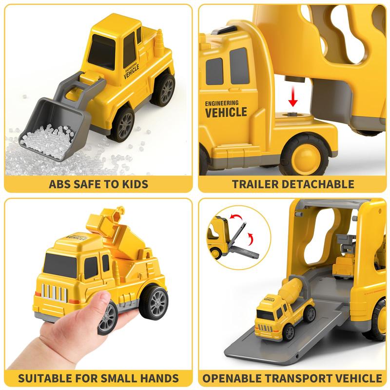 Construction Truck Toys Cars 7-in-1 Friction Power Vehicle Toy, Cranes Bulldozers Transport Trucks, Christmas Birthday Gift for