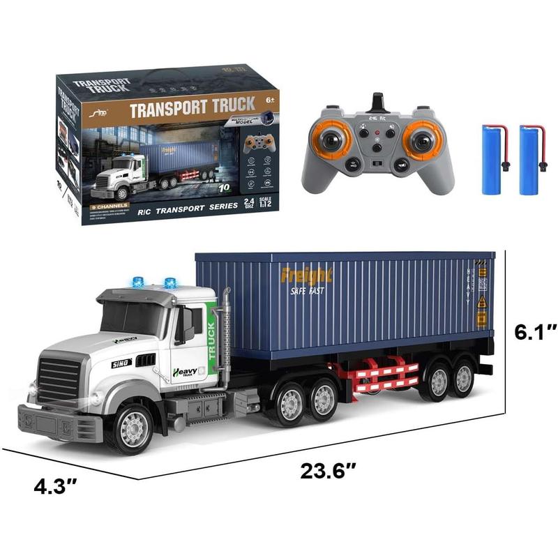 Remote Control Semi Truck with Trailer - 23.6 Inch 9-Channel RC Semi Truck Toy for Kids, 1:24 Container Truck with 2 Batteries, Van Transport Vehicle with Lights & Music, Great Gift for Boys Girls