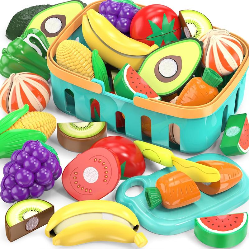 Christmas gift Cutting Play Food Toys For Kids, Pretend Play Kitchen Accessories, Fake Fruits Vegetables Set With Shopping Storage Basket, Plastic Board And Knife, Birthday Gifts Educational Toy For Toddler Children