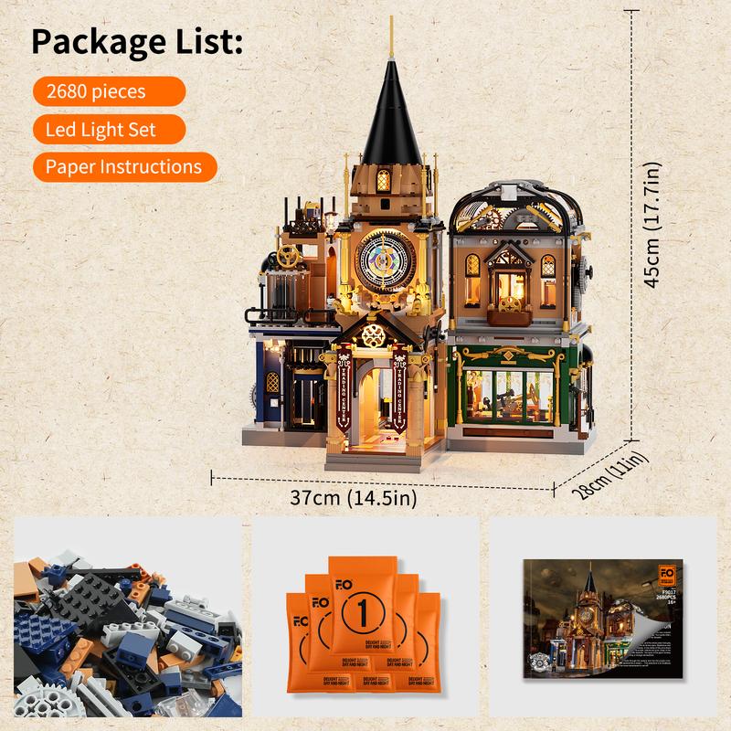 FUNWHOLE Steampunk Trading-Center Lighting Building-Bricks Set - LED Light Construction Building Model Toys Gift Set 2680 Pcs for Boys and Girls age 18+