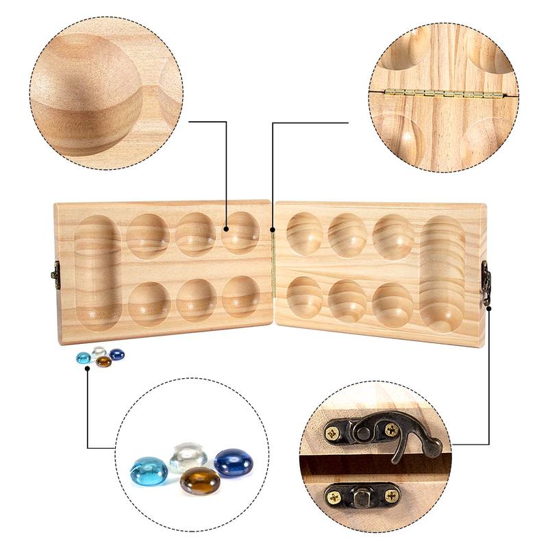 AMEROUS Wooden Mancala Board Game Set - Folding Board - 72+8 Bonus Multi Color Glass Stones - Gift Package - Mancale Instructions, Portable Travel Board Game for Kids and Adults