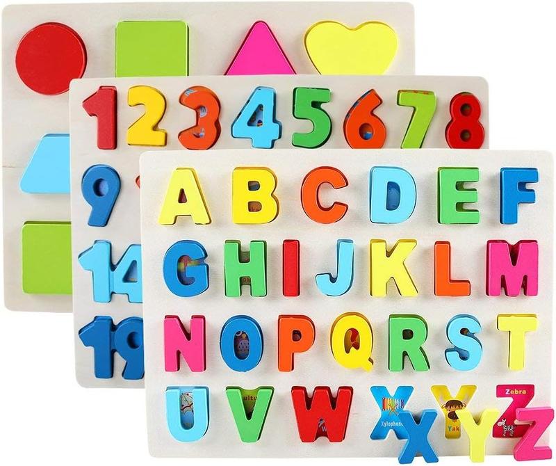 Wooden Puzzles for Toddlers, Wooden Alphabet Number Shape Puzzles Toddler Learning Puzzle Toys for Kids, 3 in 1 Puzzle for Toddlers, Age 3+ (Set of 3)