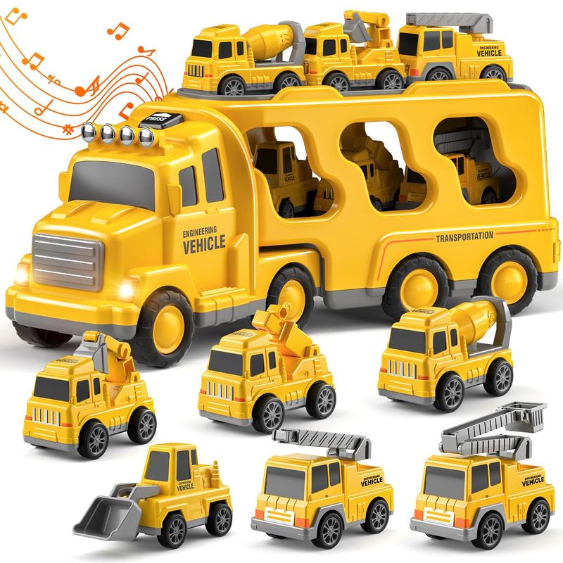 Construction Truck Toys Cars 7-in-1 Friction Power Vehicle Toy, Cranes Bulldozers Transport Trucks, Christmas Birthday Gift for