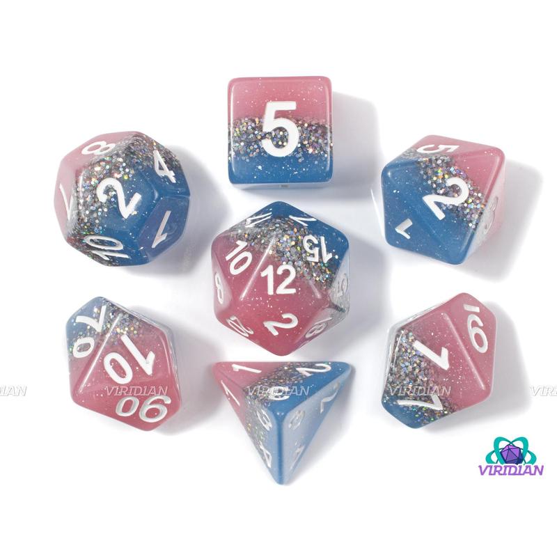 Starstreak | Baby Blue and Baby Pink Layers, Silver Rainbow Glitter | Resin Dice Set (7)