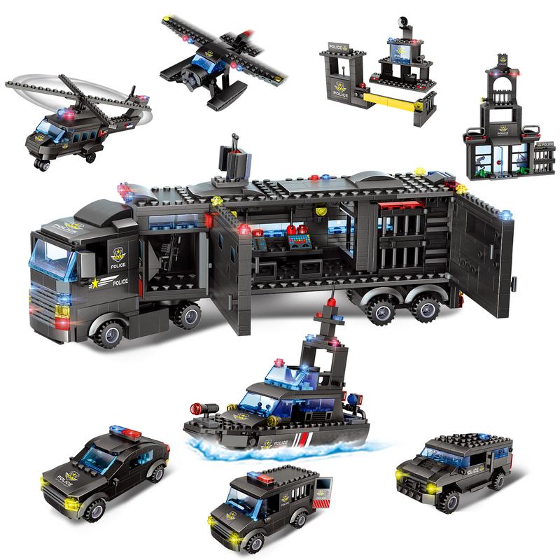 City Police Station Building Kit-SWAT Police Mobile Command Center Truck, Helicopters Building Blocks Toy, Best Learning & Role Play Swat Toy Gift for Boy and Girl Age 6-12