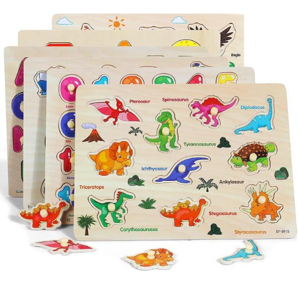 Christmas gift 6-Pack Wooden Peg Puzzle Set for Toddlers Alphabet, Animal, Dinosaur & Vehicle Educational Toys for Preschool Learning