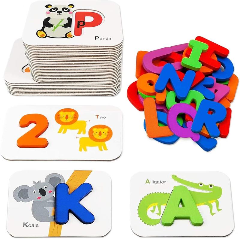 Number and Alphabet Flash Cards for Toddlers 3-5 Years, ABC Montessori Educational Toys Gifts for 3 4 5 Year Old Preschool Learning Activities, Wooden Letters Animal Flashcards Puzzle Game