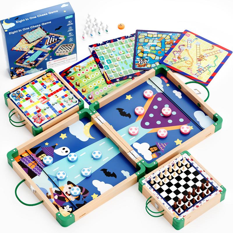 8 In 1 Wooden Board Game Set,Chess Set for Kids,Sling Puck Game,Board Games for Family Night,Travel Toys for Kids Chess Toy Board Table Game