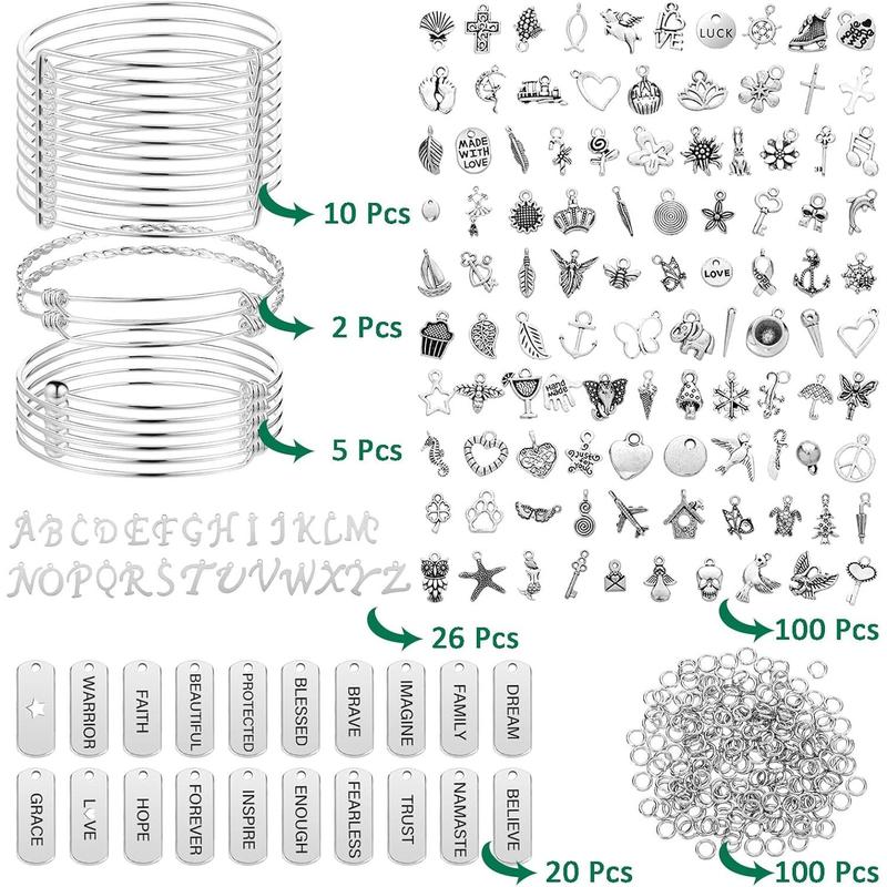 363 Pcs Charm Bracelet Making Kit Bangle Bracelets DIY Kit, 17 Pcs Silver Expandable Wire Bangles, 146 Pcs Charms Pendants, 200 Pcs Open Jump Rings for Christmas Women Jewelry Making