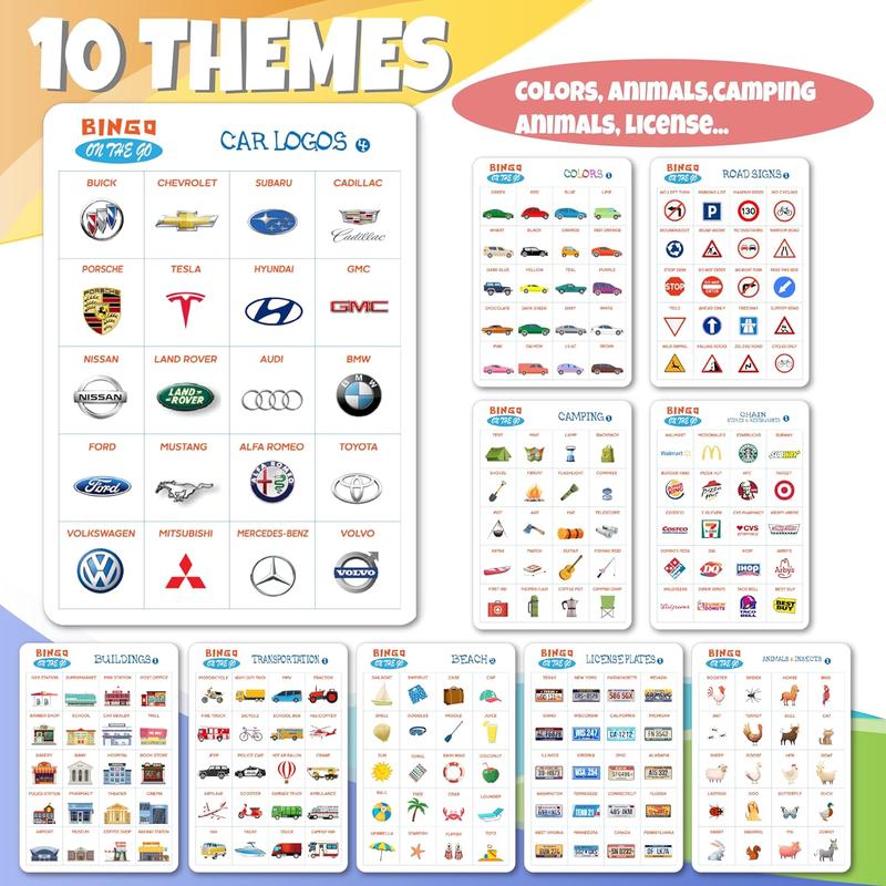 48 Designs 9 Themes Car Bingo and Road Trip Scavenger Hunt Game with 3 Markers for Kids, Fun Travel Activity for Kids Ages 3-8