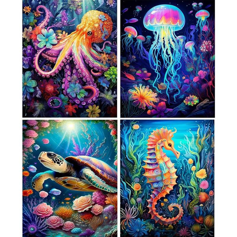 4 Pack Sea Animals Diamond Painting Kits for Adults, 5D Diamond Art Kits for Beginner DIY Full Drill Diamond Dots Crystal Craft Kits for Home Wall Decor Gifts 11.8x15.7 inch