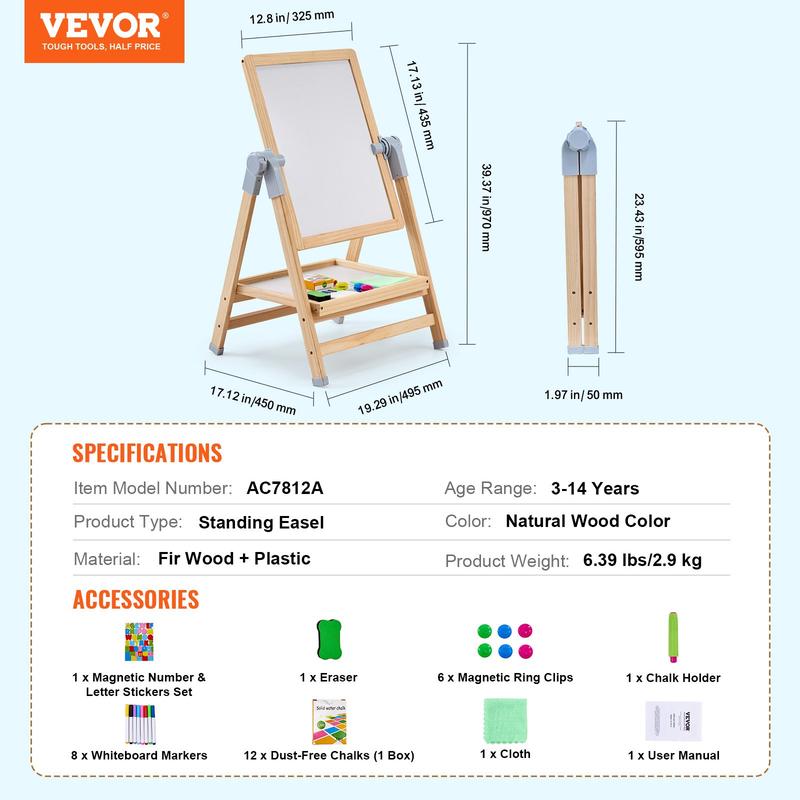 VEVOR 2-in-1 Kids Art Easel Double-Sided Wooden Magnetic Whiteboard Chalkboard