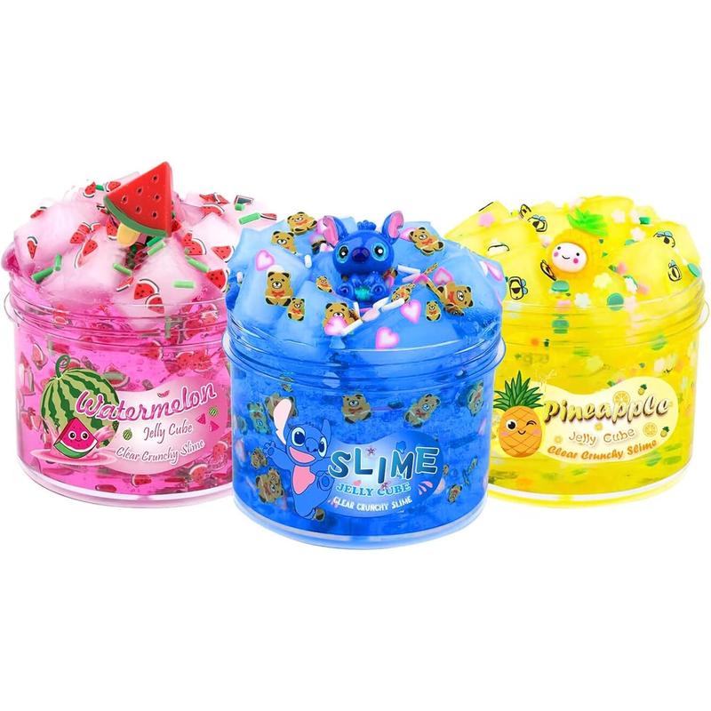 Keemanman Slime Kit - 3 Pack Jelly Cube Clear Crunchy Slime with Blue, Watermelon and Pineapple Charms, Preppy and Aesthetic Stuff, Cute Stress Toys and Cool Birthday Gifts Ideas for Girls and Boys