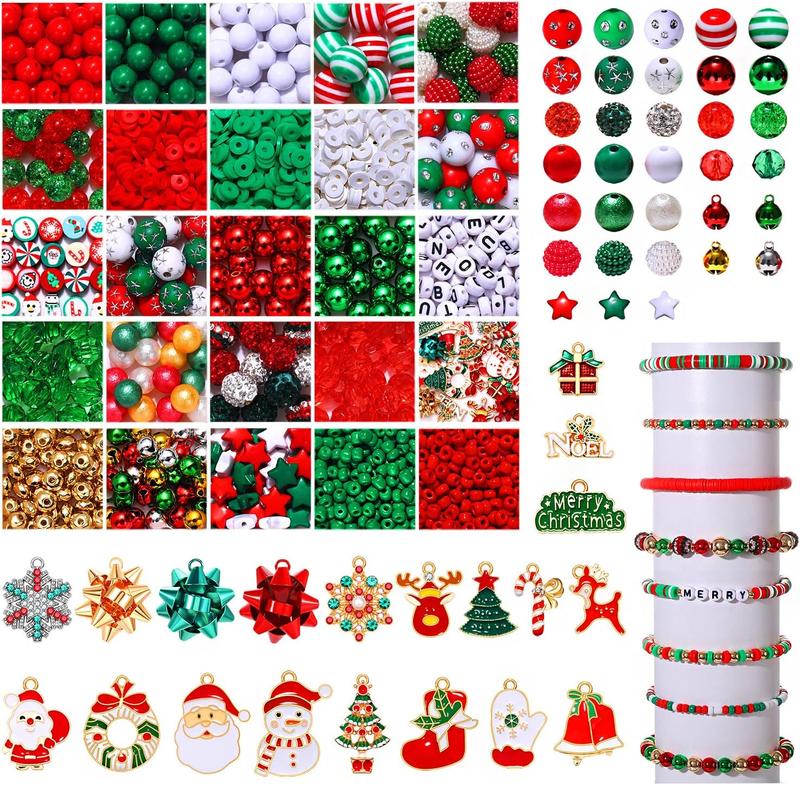 2400 count+ Christmas Beads for  Making, Enamel Christmas Charms Bulk, Red Green Christmas Clay Rhinestone Crystal  Loose Beads Letter Spacer Beads for Bracelet Necklace Making DIY Crafts