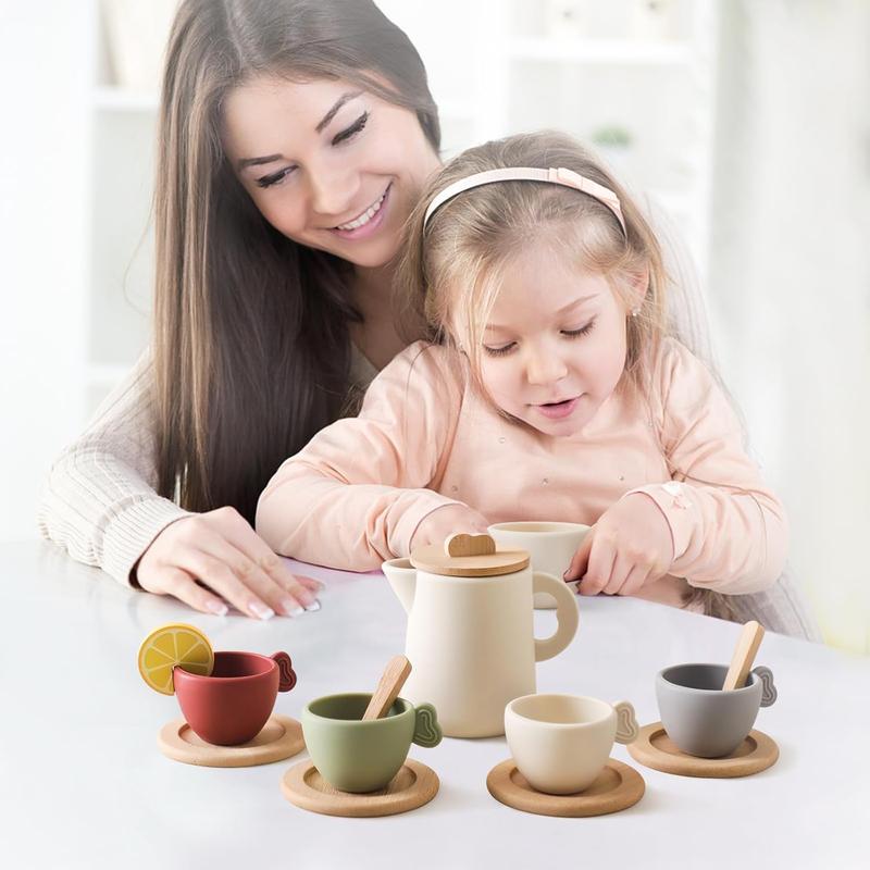 Christmas Gift Wooden Tea Party Set for Little Girls 14pcs Toddler Tea Set with Silicone Teapot Christmas Gift Cups Carrying  Pretend Play Wooden Toys