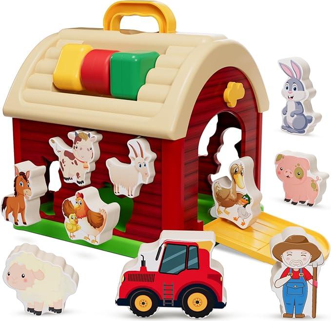 Premium Farm Animal Toys, Upgraded Portable Kids Barn Toy Set (11 Pieces ), Early Learning Shape Sorting and Stacking Montessori Toys, Christmas Birthday Easter Gifts for Toddlers and Kids Ages 1+