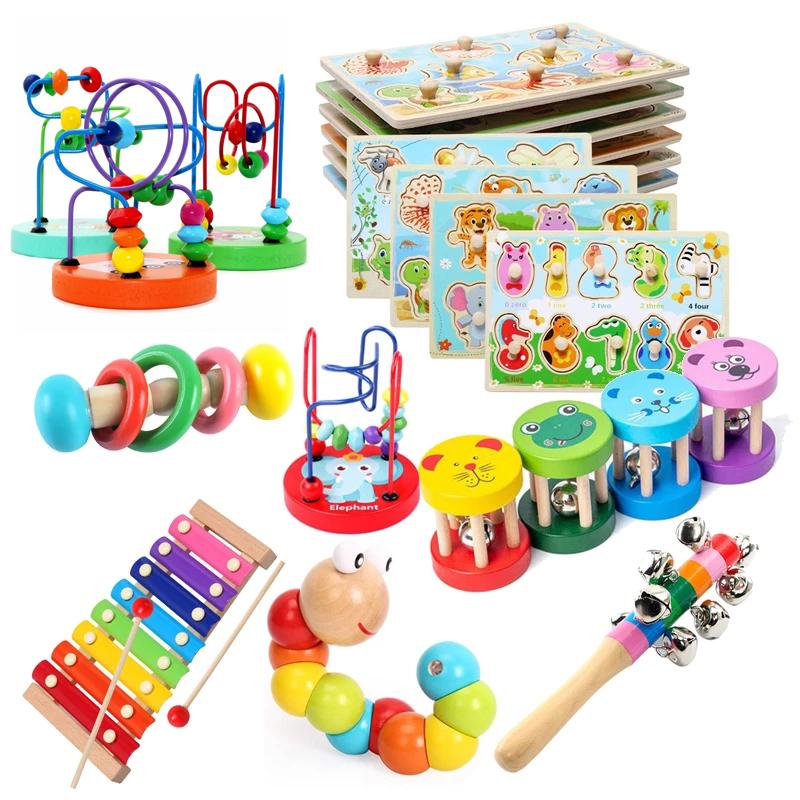 Montessori Wooden Toys Wooden Rainbow Music Rattles Sand Hammer Enlightenment Wood Puzzle Educational Toys For Children