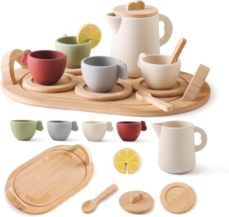 Christmas Gift Wooden Tea Party Set for Little Girls 14pcs Toddler Tea Set with Silicone Teapot Christmas Gift Cups Carrying  Pretend Play Wooden Toys