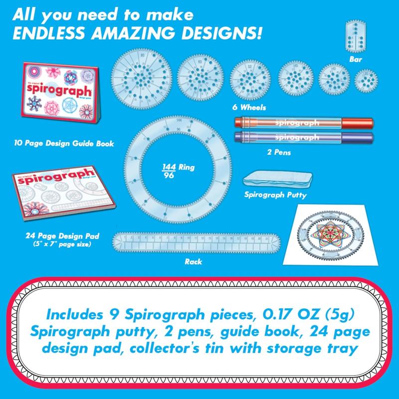 Spirograph Design Set Collectors Tin – Arts and Crafts, Kids Toys, Art Supplies, Craft Supplies, Drawing Kit, Spiral Art, Classic Gear Design Kit, Pens, Design Sheet Included, Ages 8 and Up