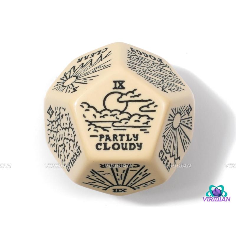 Weather Generator Die 2.0 | D&D Climate Dice, Sunny, Clear, Cloudy, Rainy, Storms, Improv, Tarot-Design, 30mm | Acrylic Giant D12 (1)