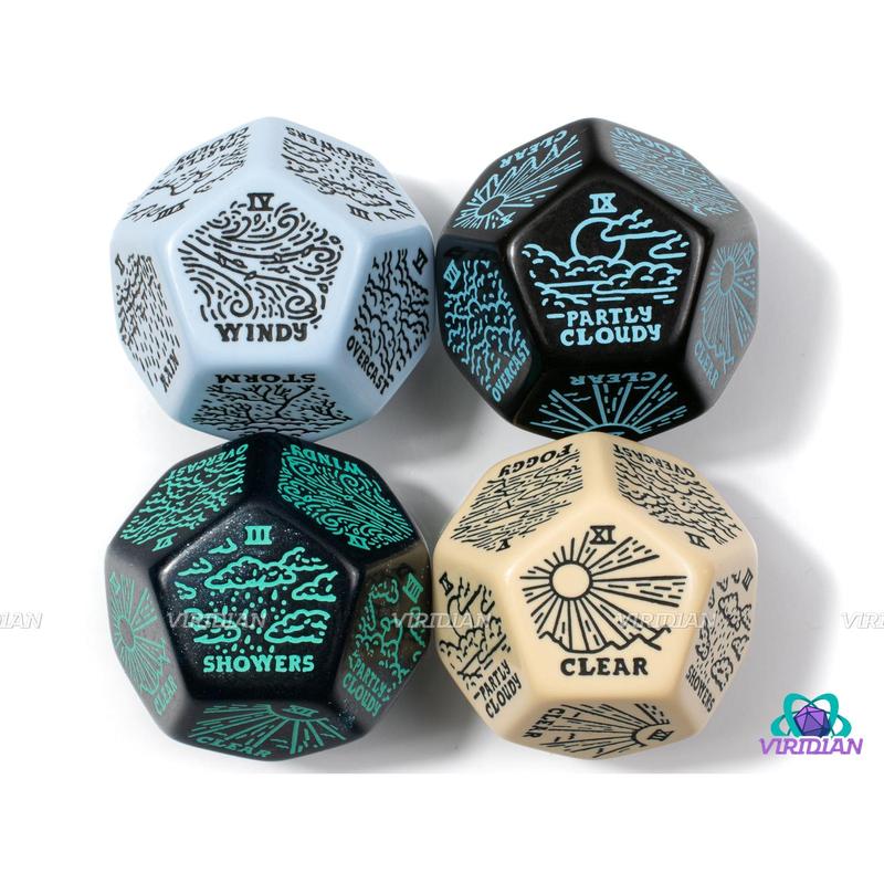 Weather Generator Die 2.0 | D&D Climate Dice, Sunny, Clear, Cloudy, Rainy, Storms, Improv, Tarot-Design, 30mm | Acrylic Giant D12 (1)