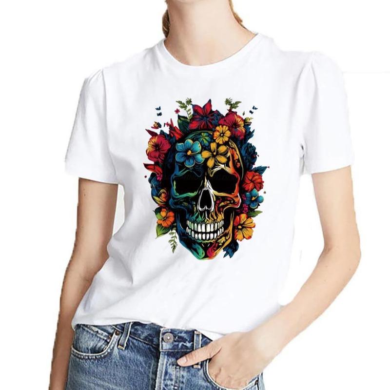 Skull & Floral Pattern Iron on Patches, 6 Counts set Halloween Heat Transfer Stickers for Diy T-shirt & Bag Decoration