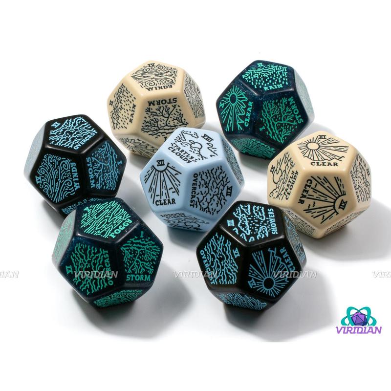 Weather Generator Die 2.0 | D&D Climate Dice, Sunny, Clear, Cloudy, Rainy, Storms, Improv, Tarot-Design, 30mm | Acrylic Giant D12 (1)