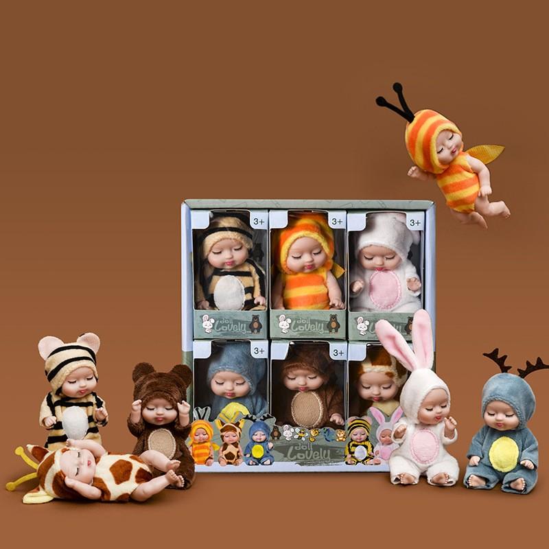 Christmas 6pcs set Mini Animal & Insect Shaped Cute Reborn Doll, Sleepy Doll, Children's Toy Gift Box