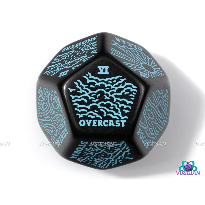 Weather Generator Die 2.0 | D&D Climate Dice, Sunny, Clear, Cloudy, Rainy, Storms, Improv, Tarot-Design, 30mm | Acrylic Giant D12 (1)