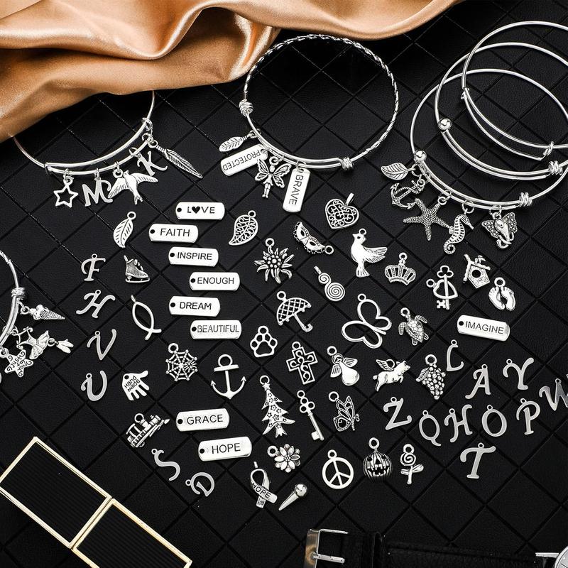 363 Pcs Charm Bracelet Making Kit Bangle Bracelets DIY Kit, 17 Pcs Silver Expandable Wire Bangles, 146 Pcs Charms Pendants, 200 Pcs Open Jump Rings for Christmas Women Jewelry Making