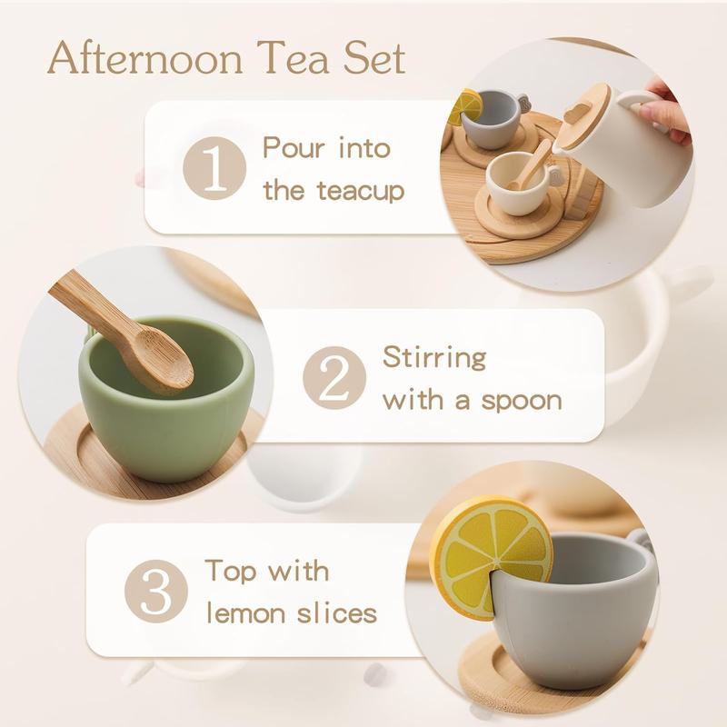 Christmas Gift Wooden Tea Party Set for Little Girls 14pcs Toddler Tea Set with Silicone Teapot Christmas Gift Cups Carrying  Pretend Play Wooden Toys