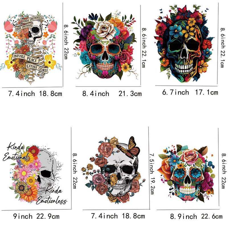 Skull & Floral Pattern Iron on Patches, 6 Counts set Halloween Heat Transfer Stickers for Diy T-shirt & Bag Decoration