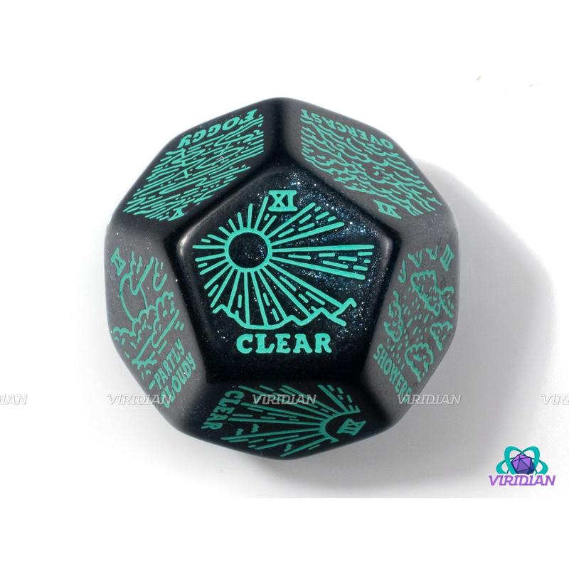 Weather Generator Die 2.0 | D&D Climate Dice, Sunny, Clear, Cloudy, Rainy, Storms, Improv, Tarot-Design, 30mm | Acrylic Giant D12 (1)