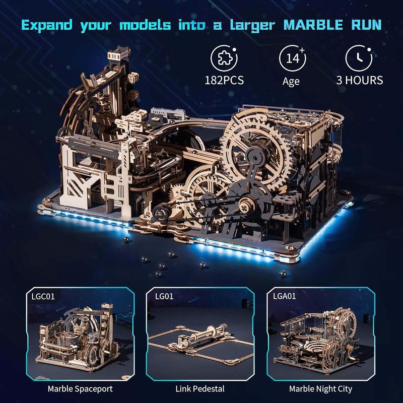 ROKR 3D Puzzles for Adults&Teens, Electric Model Kits Marble Spaceport LGC01, 472pcs Marble Run Brain Teaser Wooden Puzzles Building Birthday Gifts Halloween Gifts Christmas Gifts Toy, Desk Decor Creative Gifts for 14+ Perfect Halloween Gifts