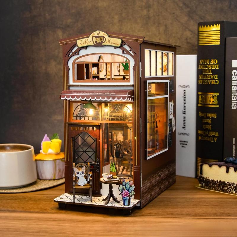 Book Nook Kit Garden House DIY Book Nook Kits Room Bookshelf Insert Miniature Decor Kit 3D Wooden Puzzle Bookshelf Decor with Led Decor Suitable for Adults and Teenagers Craft Gifts (Music Cafe)