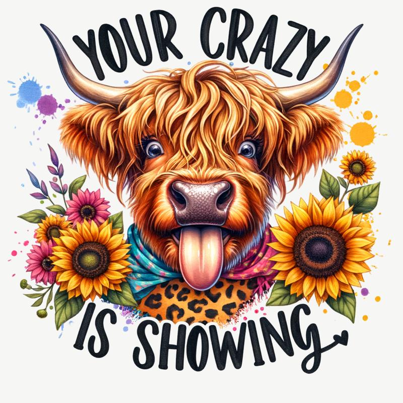 your crazy is showing highland cow image Ready to press DTF transfer Direct to film DIY