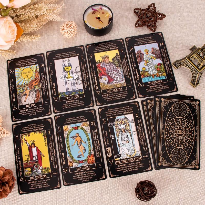 Tarot Cards for Beginners, Classic Tarot Cards with Meanings on Them, Durable Tarot Cards with Guide Book for Beginners (Black)