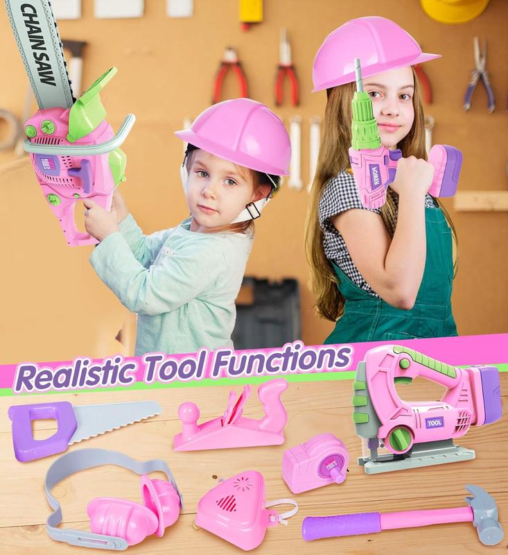 Kids Construction Tool Set for Ages 3+ – Pink Pretend Play Tools with Electric Drill & Chainsaw – Fun Toddler Gifts for Boys & Girls