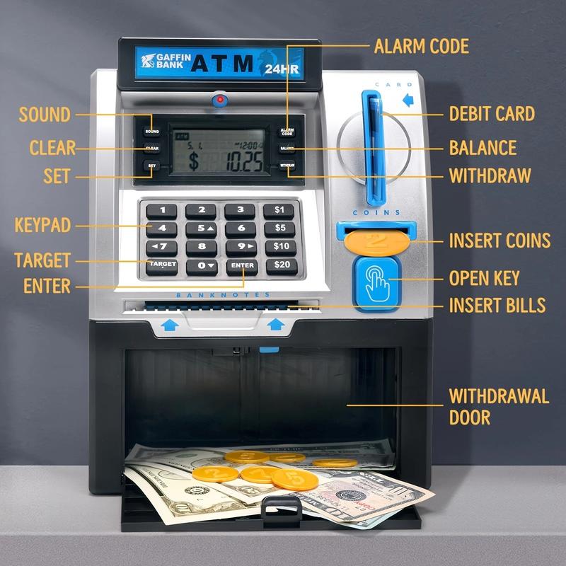 ATM Toys for Kids with Debit Card, Bill Feeder, Coin Recognition, Balance Calculator, Electronic Savings Safe Toys