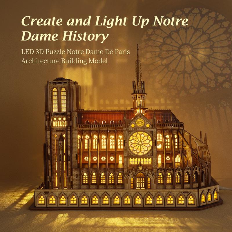 FUNPOLA 3D Puzzle Notre Dame de Paris Building Model with LED Lights for DIY Lovers and Home Décor Gift Ideas Gothic Architecture Intricate Architecture