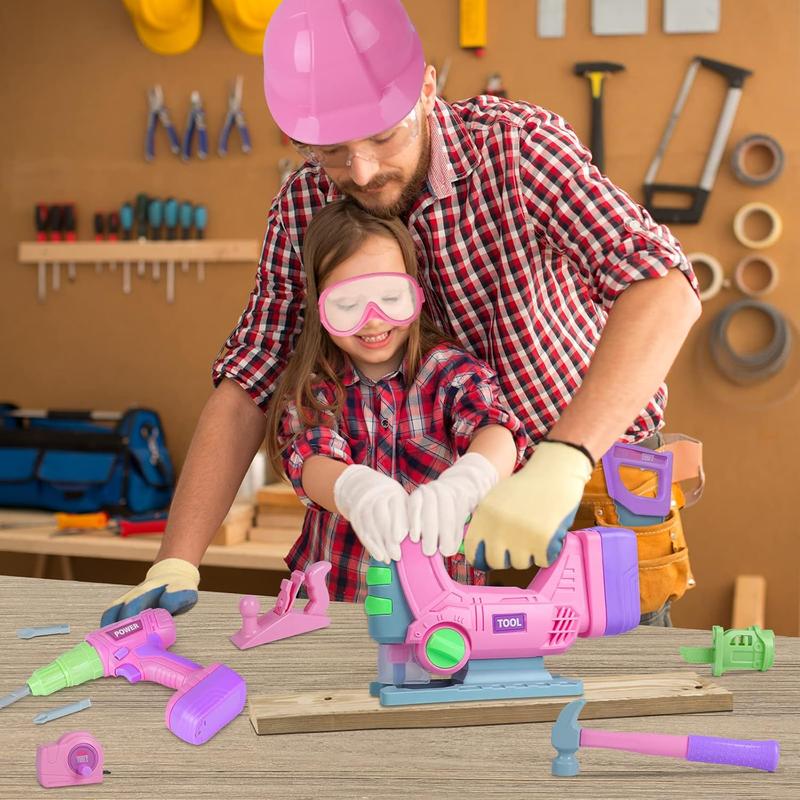 Kids Construction Tool Set for Ages 3+ – Pink Pretend Play Tools with Electric Drill & Chainsaw – Fun Toddler Gifts for Boys & Girls