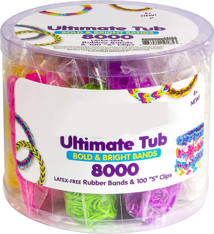 Ultimate Tub 8000 Latex Free Rubber Bands and 100 “S” Clips for Making Crafts in Bold and Bright Colors, multi