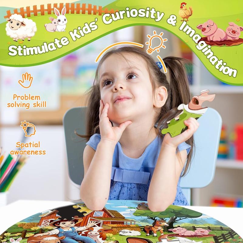 Puzzles for Kids Ages 4-6, 70 Piece Educational Round Floor Puzzles for Kids Ages 3-5, Toddler Farm Puzzles with Animals & Barn, Popular Preschool Toys & Gift Kids Puzzles Ages 3 4 5 6 7 8 9 10